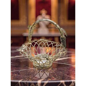 Vintage Silver-Plated Wire Basket With Grapevine Decor